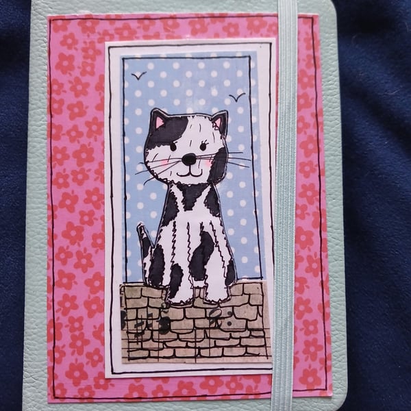 Quirky art, whimsical A6 lined hand decorated quirky cats  journal  notebook