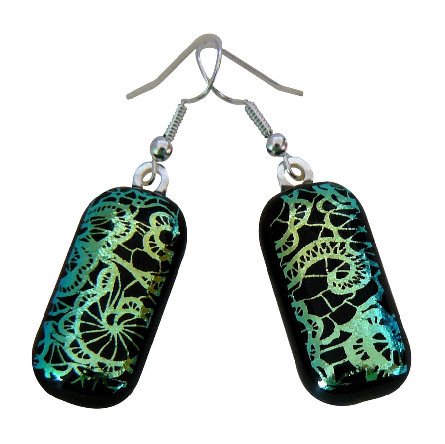 HANDMADE FUSED DICHROIC GLASS 'LACE' DROP EARRINGS..