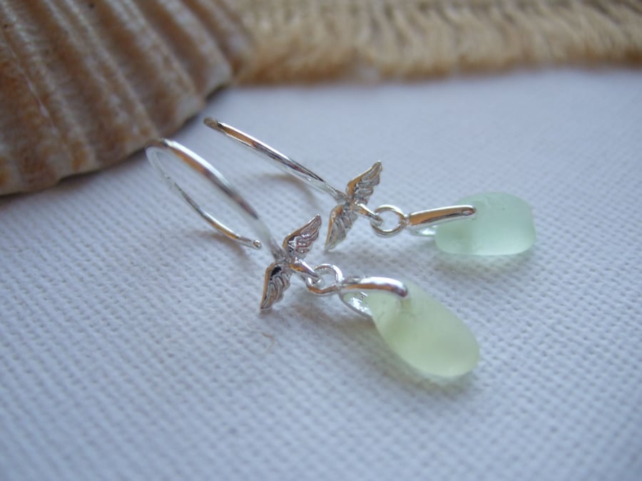 Sterling silver sea glass earrings, Scottish sea glass, angel wing earrings, UV 