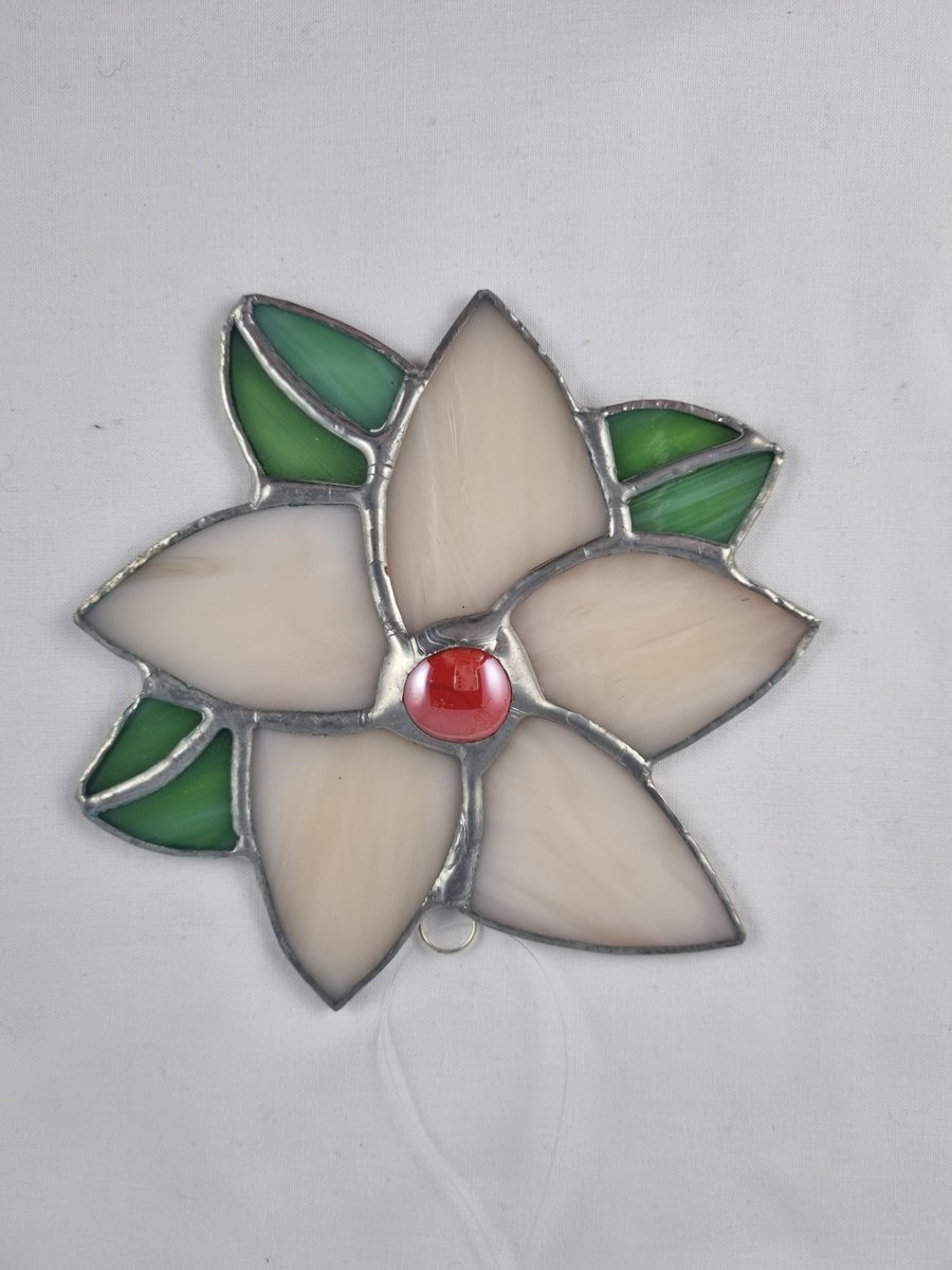 609 Stained Glass cream clematis style flower - handmade hanging decoration.