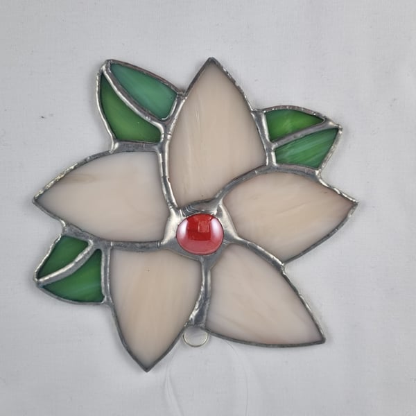 609 Stained Glass cream clematis style flower - handmade hanging decoration.