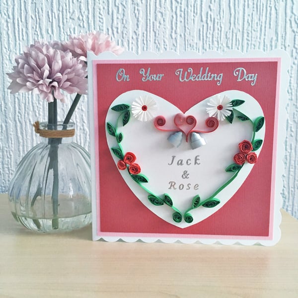 Personalised wedding day card - red quilled roses 