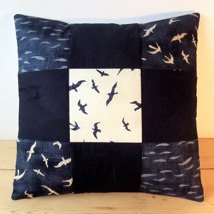 Quilted cushion cover with seagulls and fishes - indigo