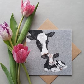 Friesian cow & calf card, baby animal, new baby