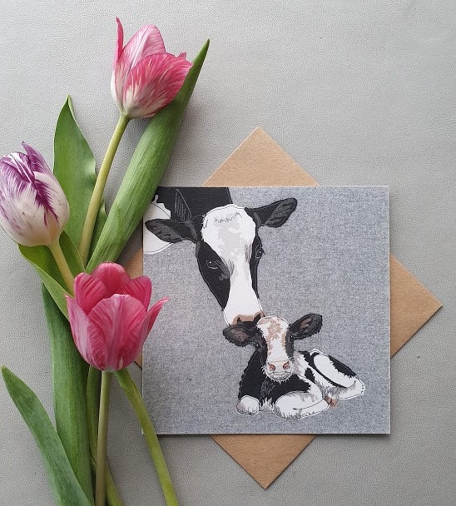 Friesian cow & calf card, baby animal, new baby