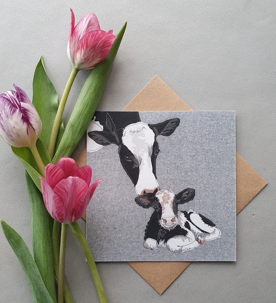 Friesian cow & calf card, baby animal, new baby
