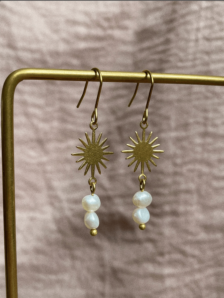 Celestial brass and pearl earrings, minimal jewellery, long dangle earrings