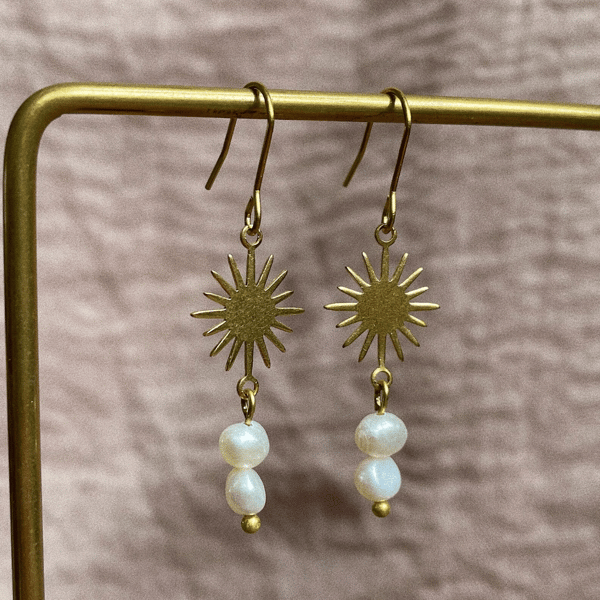 Celestial brass and pearl earrings, minimal jewellery, long dangle earrings