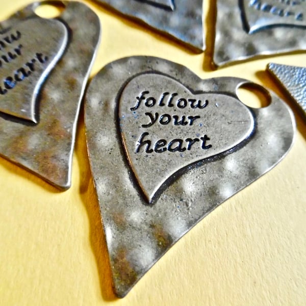 5 x Bronze Tone  Large 'Follow Your Heart' engraved charms 