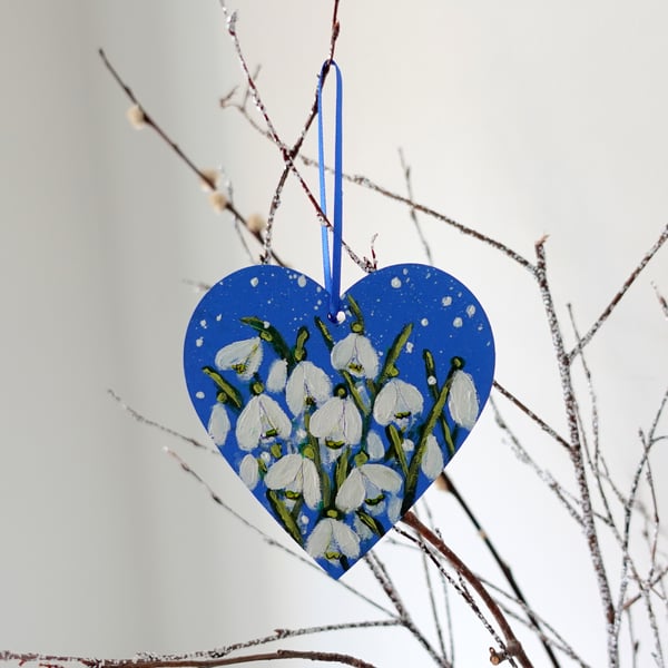 Blue Heart Hanging Decoration Spring Flowers Snowdrops Artwork
