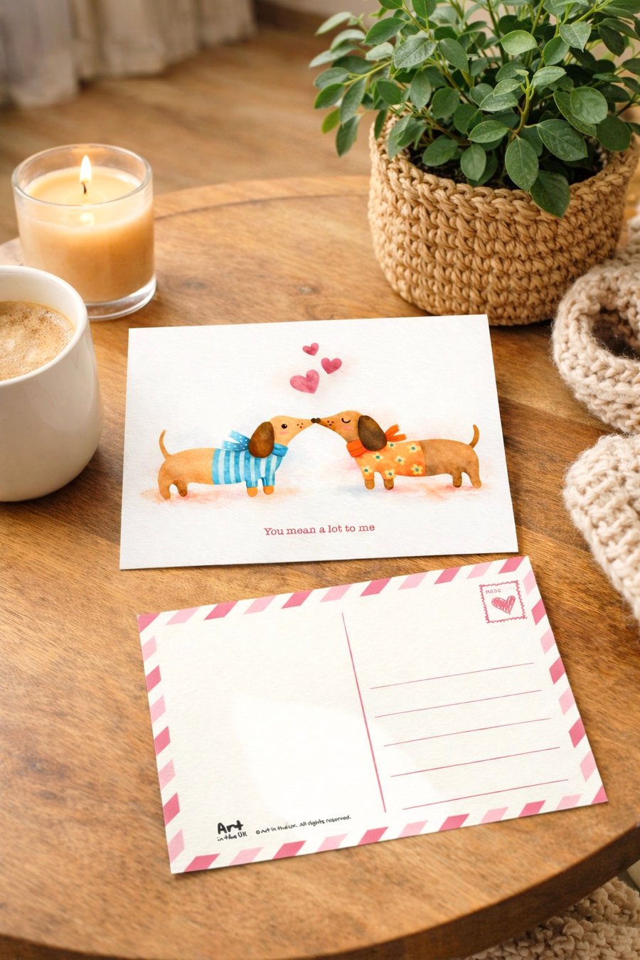 Valentine's Day Card, Illustrated Sausage Dog, Watercolour Print Style