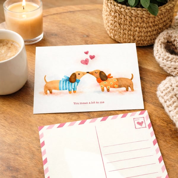 Valentine's Day Card, Illustrated Sausage Dog, Watercolour Print Style