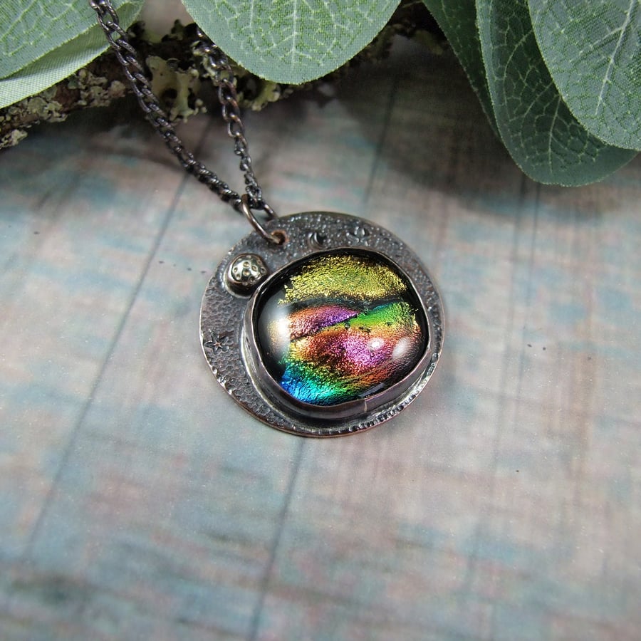 Sparkly Aurora and Gold Dichroic Glass and Copper Necklace. Artisan Pendant