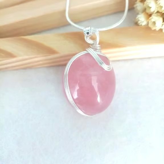 Rose Quartz Necklace - Wire Wrapped Rose Quartz Tumble Stone - Heart Chakra Gift