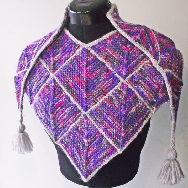 Shawl, Scarf, Wrap, Knitted Handspun Dyed, Purple, Pink & Grey, Merino