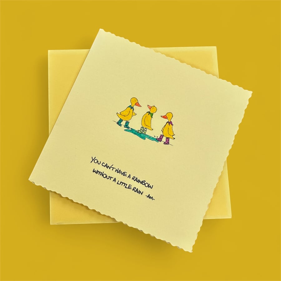  Inspirational cute duck card. Rainbows, rain, friendship, ducks in wellies 