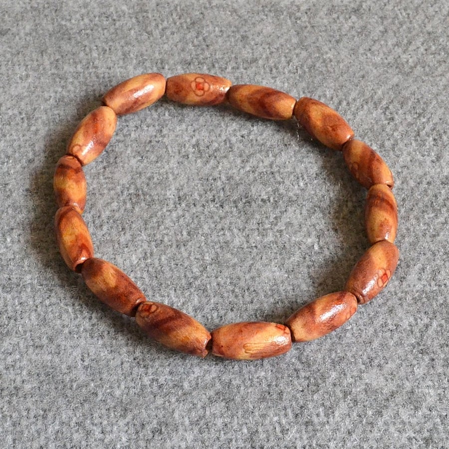 Wooden Swirl-Pattern Cylinder Bead Elastic Bracelet