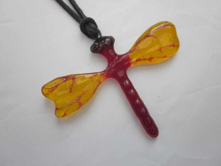 Handmade cast glass dragonfly pendant or ornament - cheerful