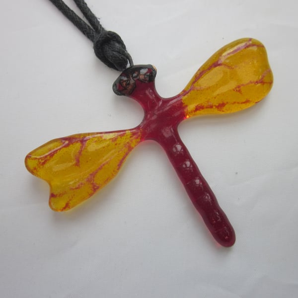 Handmade cast glass dragonfly pendant or ornament - cheerful