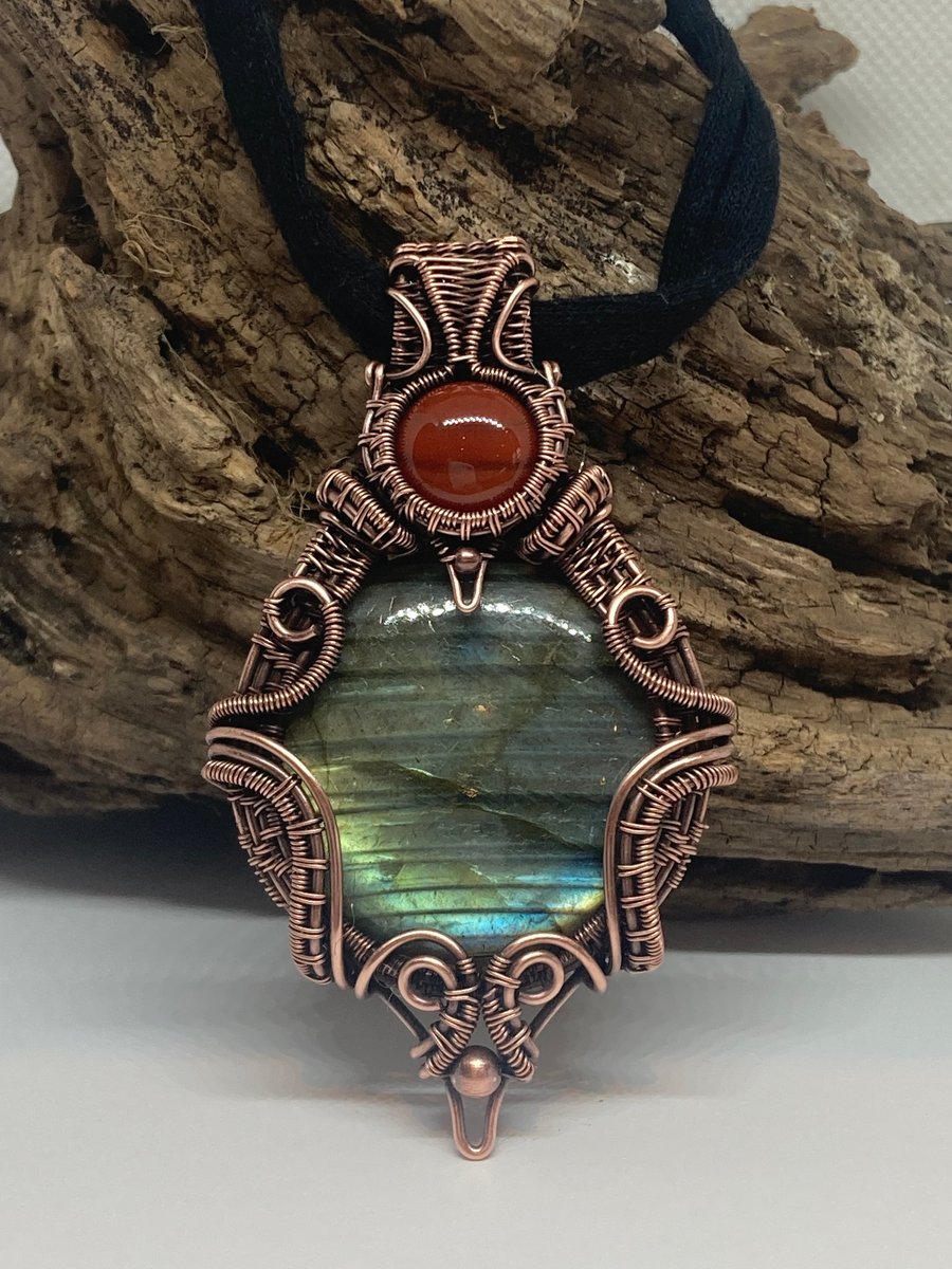 Labradorite and Carnelian Victorian style copper wire wrapped pendant