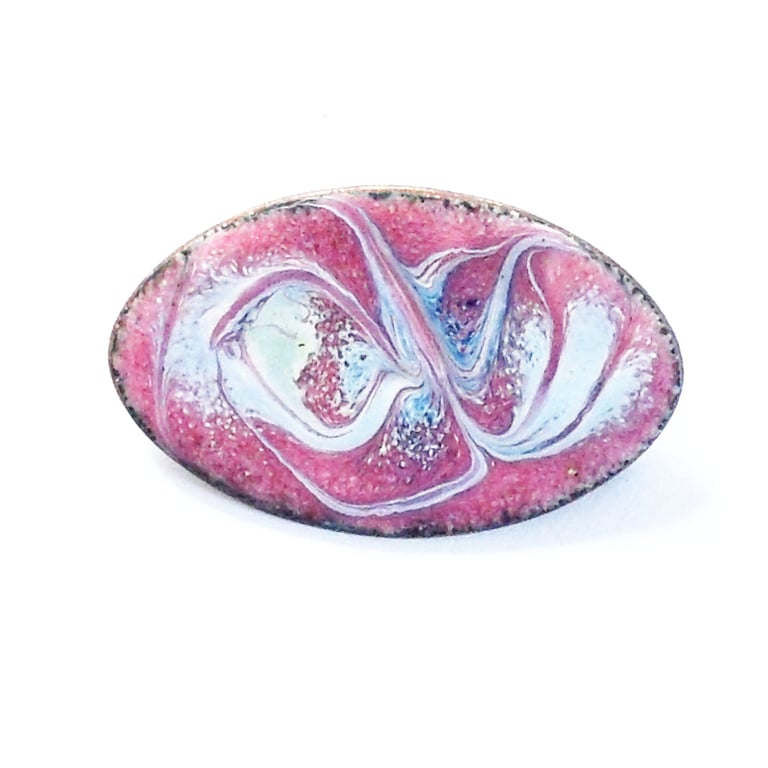 Narrow oval brooch - pink with blue-grey scrollwork
