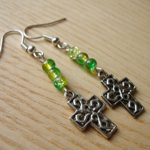 Cross Charm Earrings with Green Glass Beads