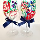 Hand Painted Set of 2 Floral Wine Glasses Perfect New Home Gift Wine Glass Set