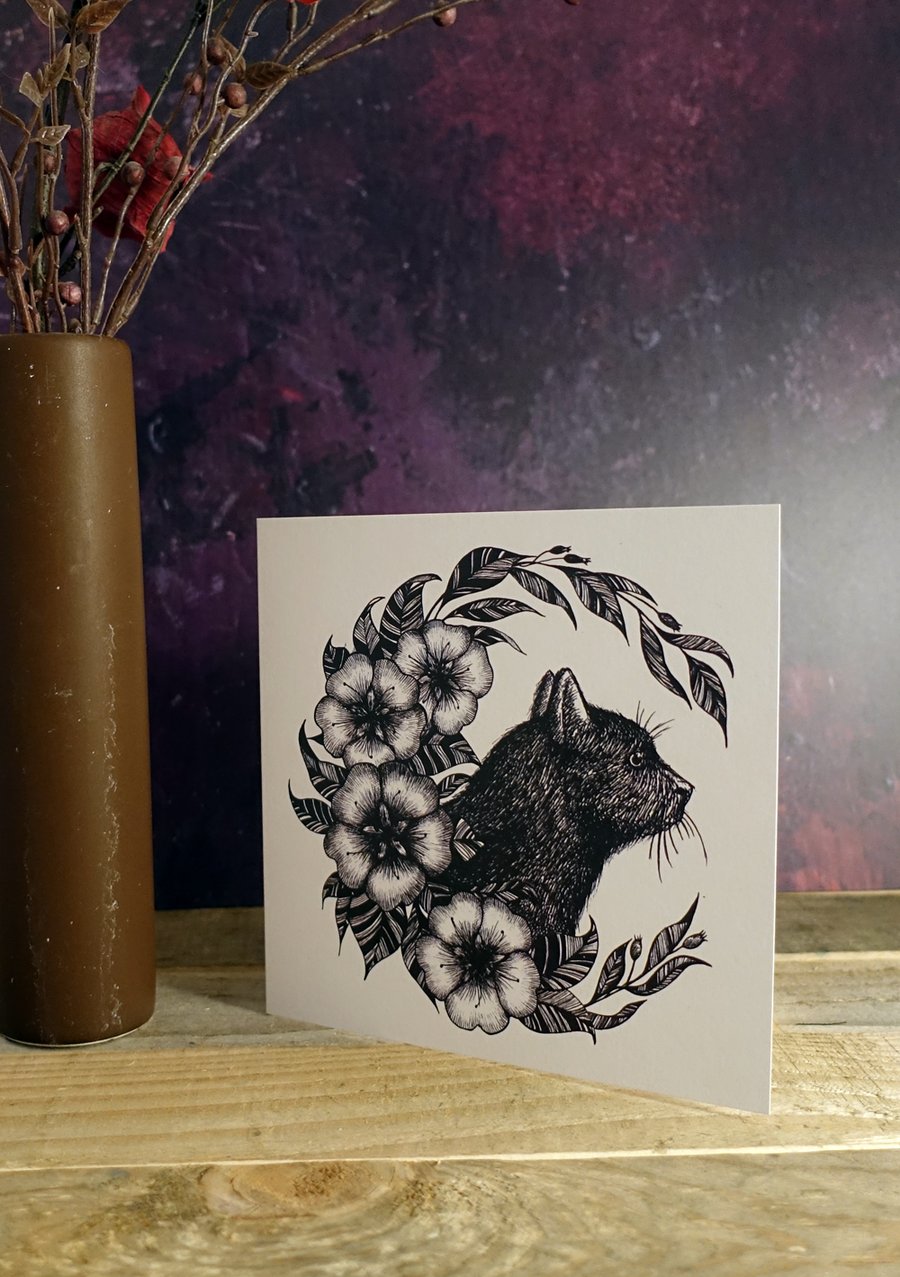 Black Cat Illustration, Square Greeting Card, Botanical, Gothic, Wicca