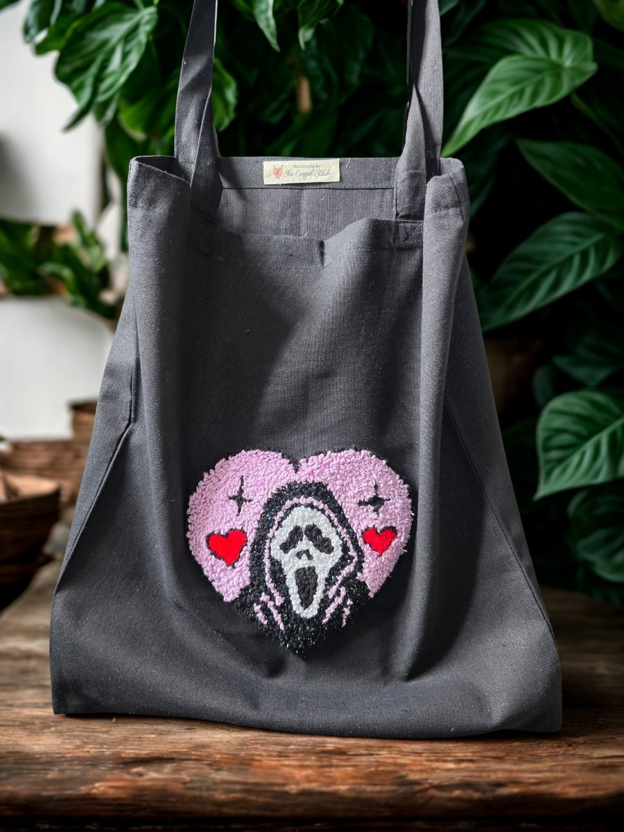 Handmade Ghostface Heart Punch Needle Tote Bag,Pink Horror Heart Tufted Bag 