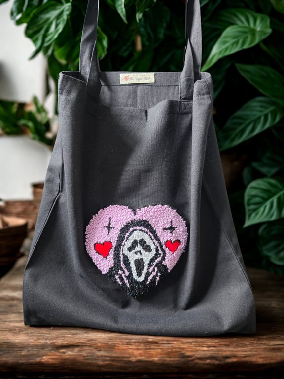 Handmade Ghostface Heart Punch Needle Tote Bag,Pink Horror Heart Tufted Bag 