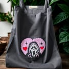 Handmade Ghostface Heart Punch Needle Tote Bag,Pink Horror Heart Tufted Bag 