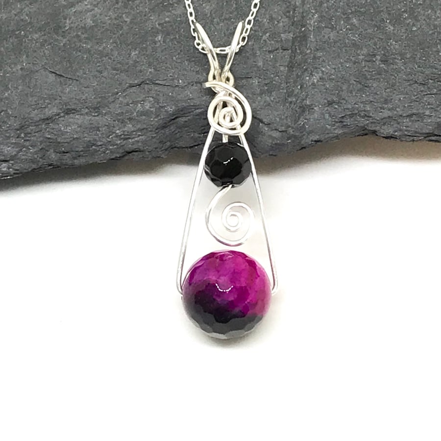 Sterling Silver and Agate Pendant, Fuchsia and Black Pendant, Gift For Her