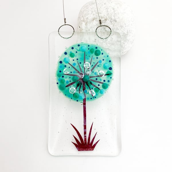 Seconds Sunday - Fused Glass Green Allium Hanging - Handmade Glass Suncatcher