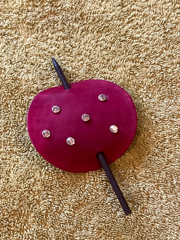 Red Dyed Leather Hair Stick Barrette - Circle Shaped Leather - 6 Gemstones