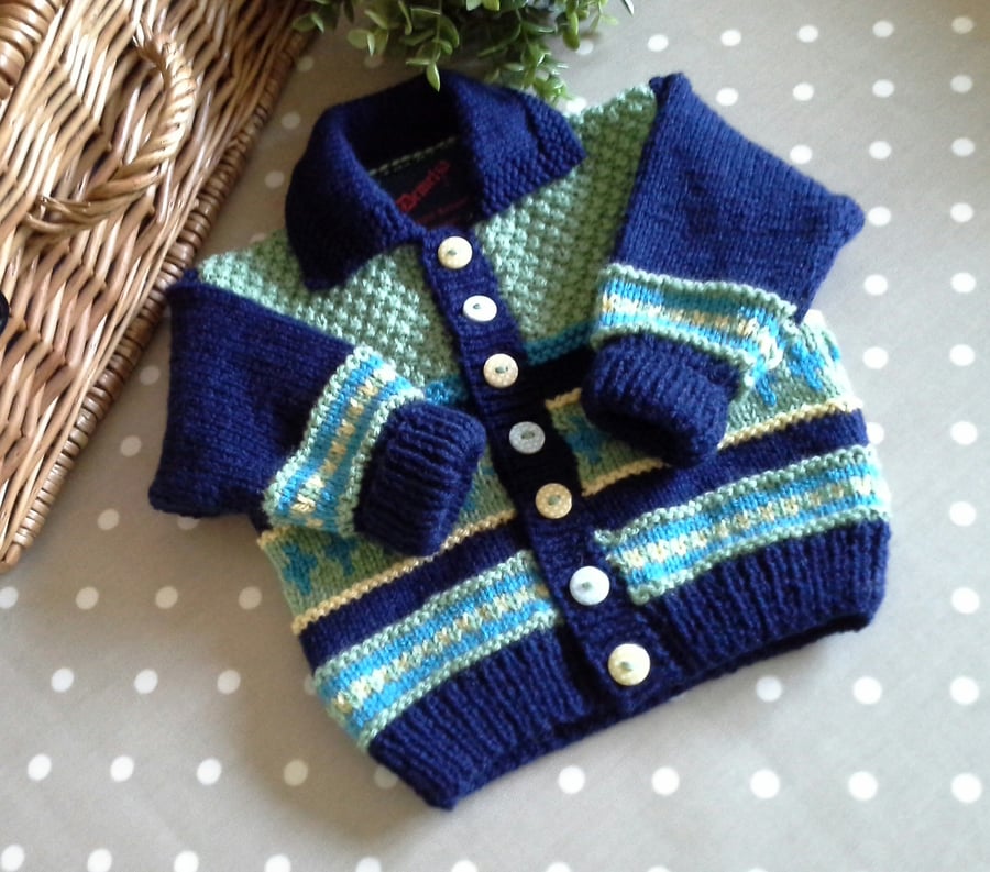 Baby Boy's Fairisle Hand Knitted Cardigan  12 - 18 months size