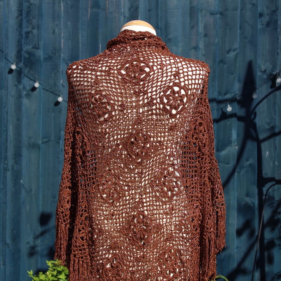 Large triangular crochet shawl in sparkly bronze vintage thread - design LF427