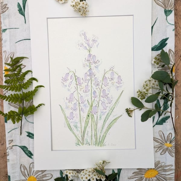 Bluebell handpainted original watercolour painting A4 mounted