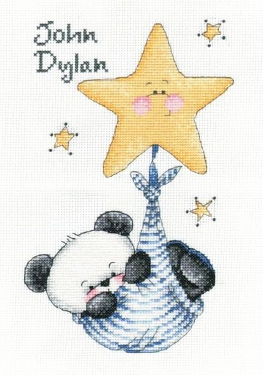 Party Paws Bamboo swinging on a star - baby boy cross stitch chart