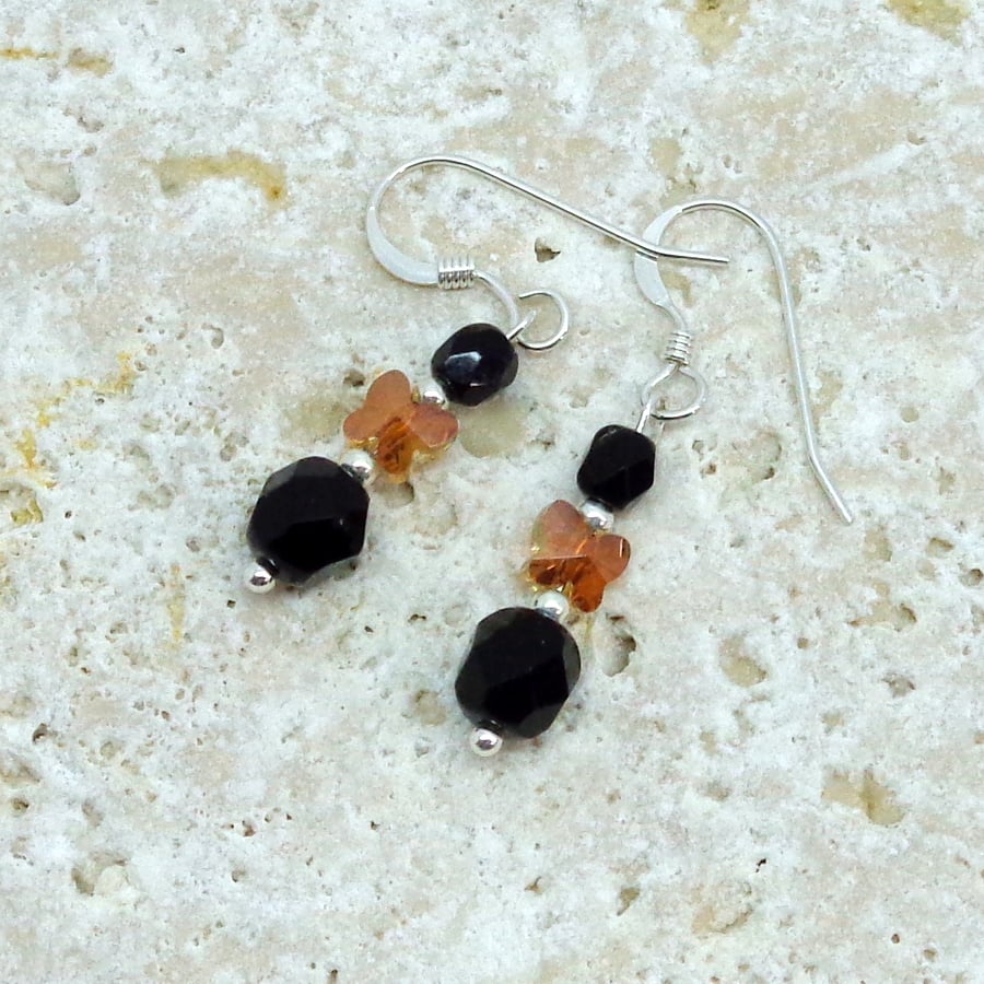 Sterling silver, black glass, & amber crystal butterfly drop earrings