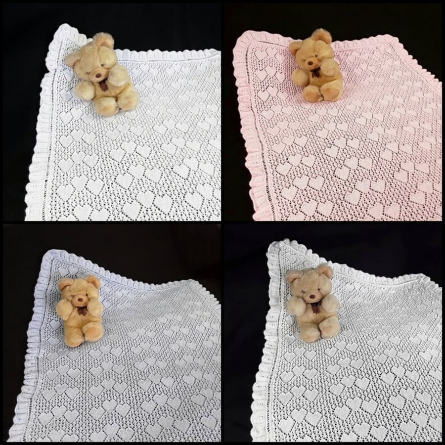 Hand knitted lacy baby christening shawl with hearts pattern made to order 