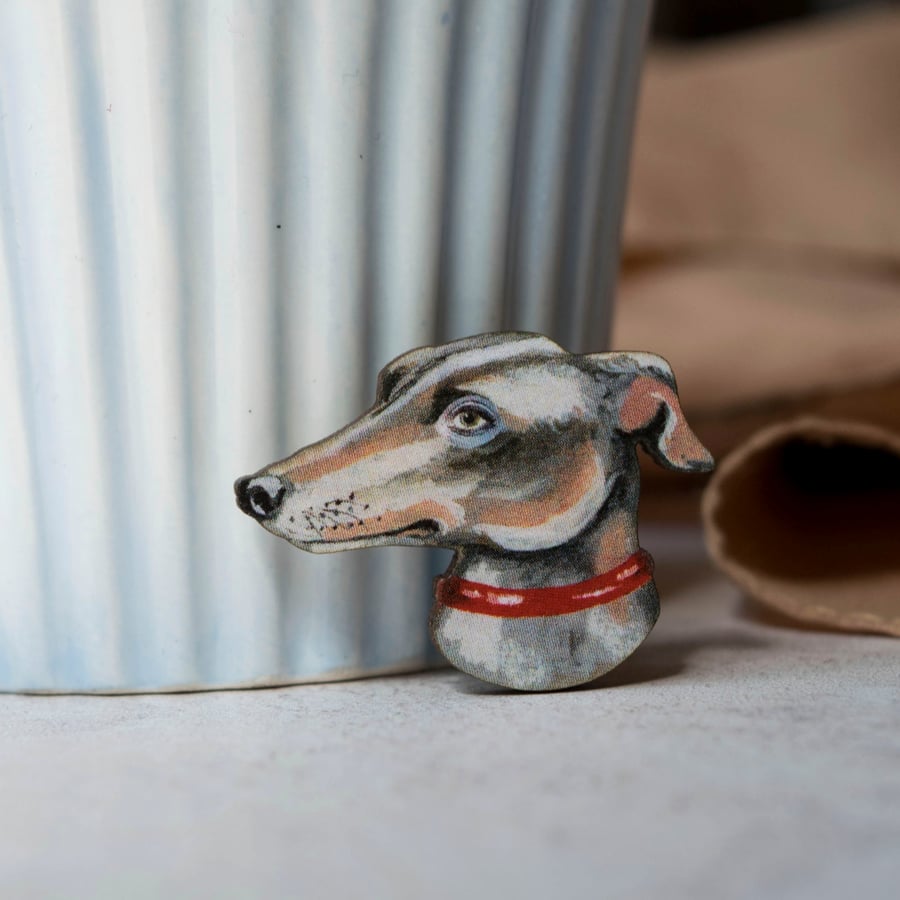 Greyhound wooden badge brooch. Lurcher, whippet dog brooch