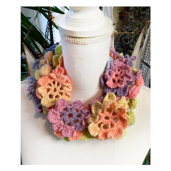Crochet rainbow pastel colors flowered neck wrap -shawl