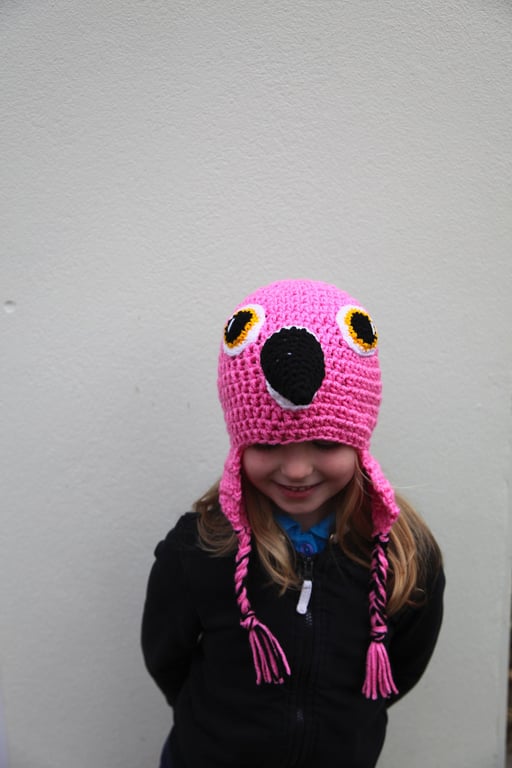 Crochet Flamingo hat, winter novelty hat, newborn, toddler, child, adult sizes