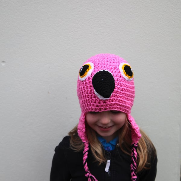 Crochet Flamingo hat, winter novelty hat, newborn, toddler, child, adult sizes