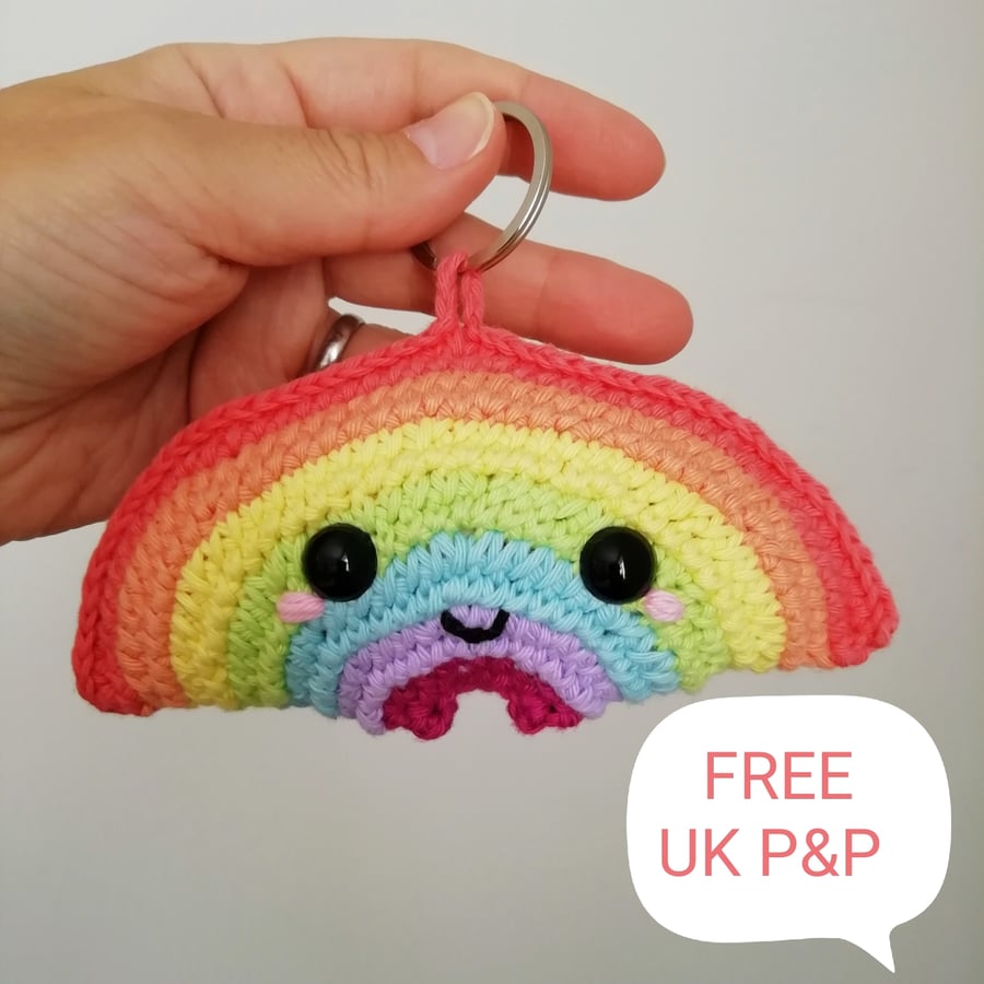 Hand Crocheted Happy Rainbow Keyring
