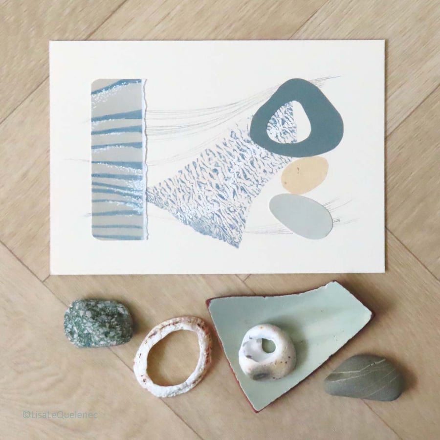 Original collage and mixed media abstract pebbles on the shore