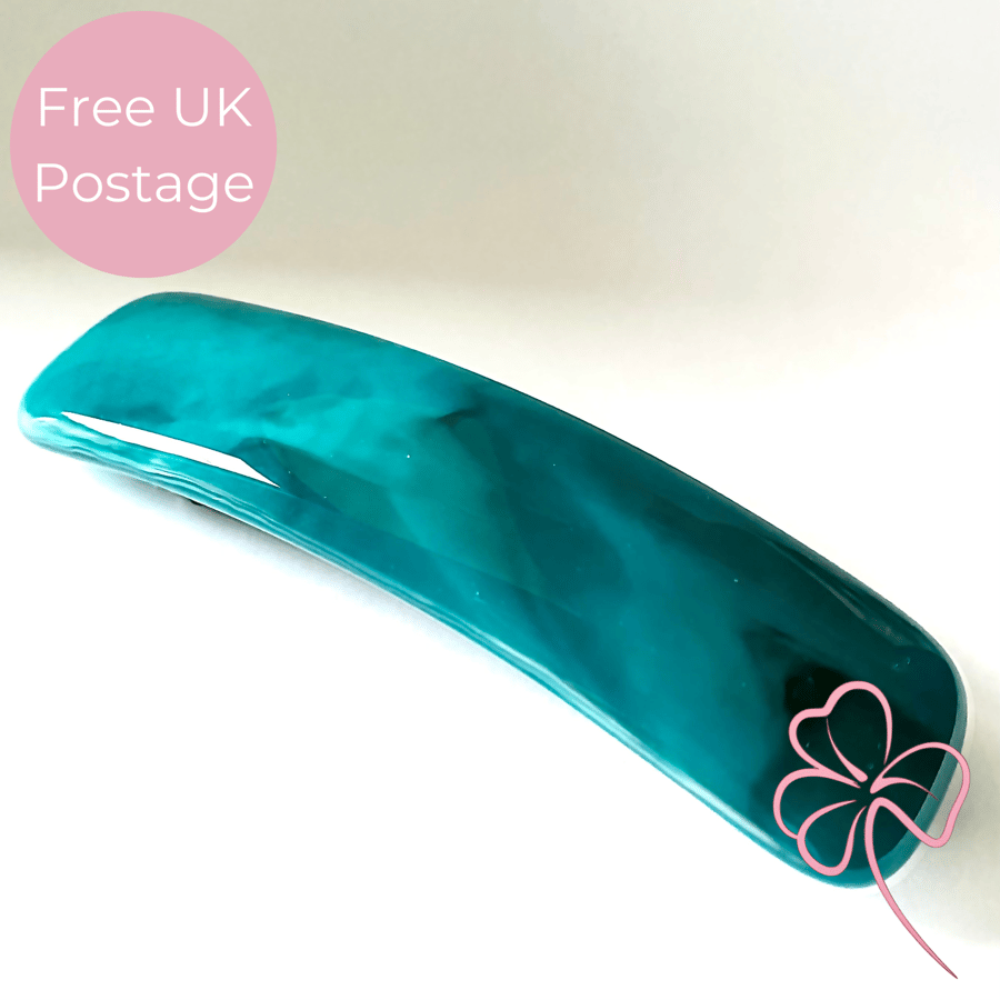 Handmade Peacock Blue Streaky Fused Glass Hair Barrette – Unique Hair Clip