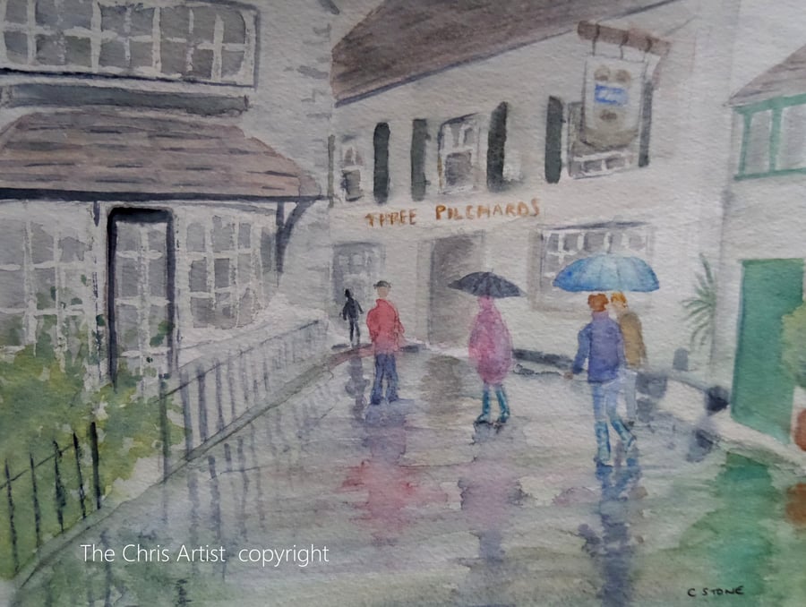 Original watercolour painting street scene, Rainy Day in Polperro Cornwall