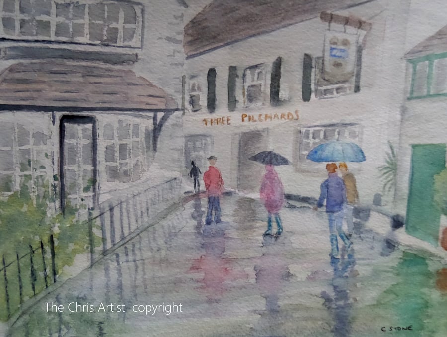 Original watercolour painting street scene, Rainy Day in Polperro Cornwall