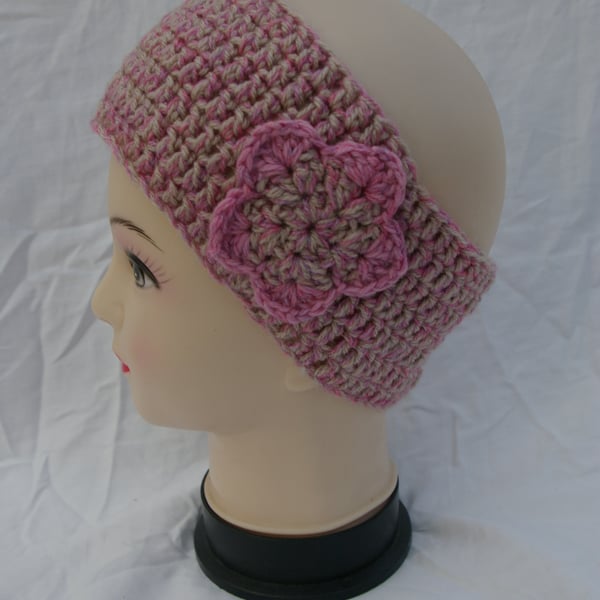 Ear Warmer Head Band, Hand Crochet With Crochet Flower Emblem